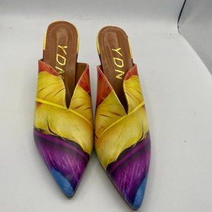 YDN multicolor pointy toe feather mules heels pumps shoes